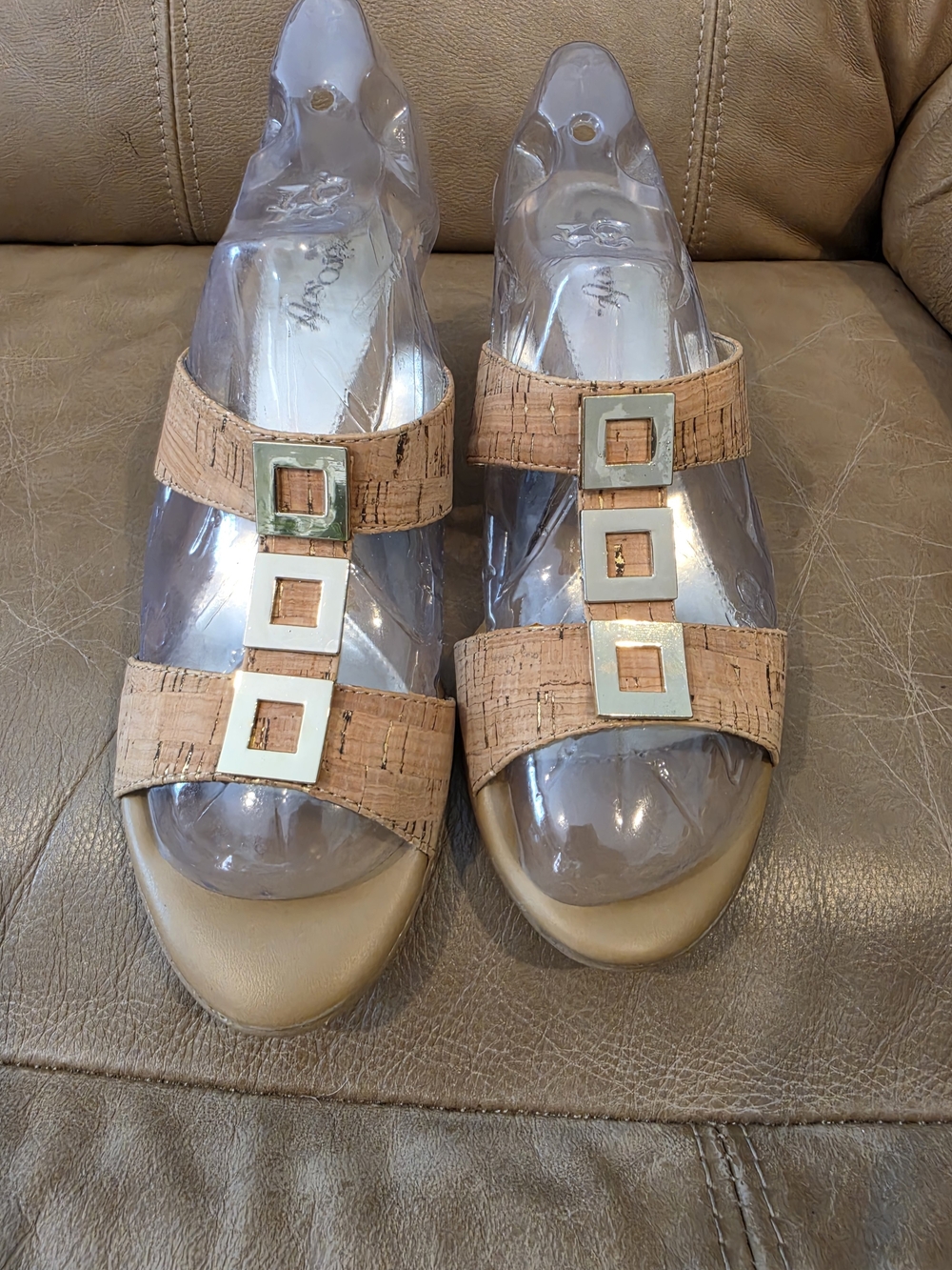 Women’s Cork Slide Sandals with Square Buckle Accents